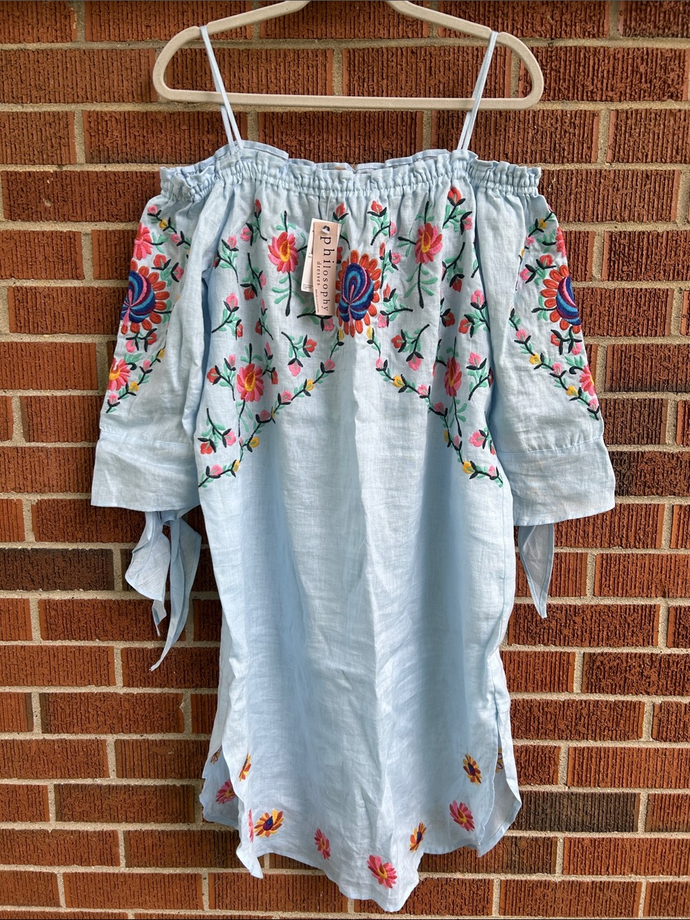 Philosophy Pale Blue Off-Shoulder Tunic with Multicolor Floral Embroidery